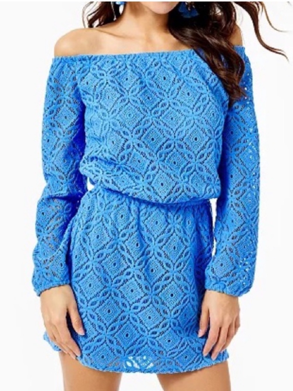 Lilly Pulitzer Lana Off The Shoulder Skort Romper Blue Thistle Trellis Lace sz M